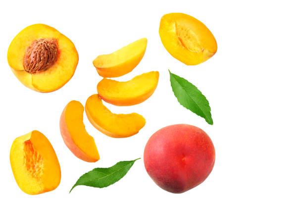 istock peach fruit with green leaf and slices isolated on white background. top view 1174433353
