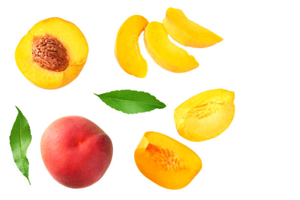 istock peach fruit with green leaf and slices isolated on white background. top view 1174433358