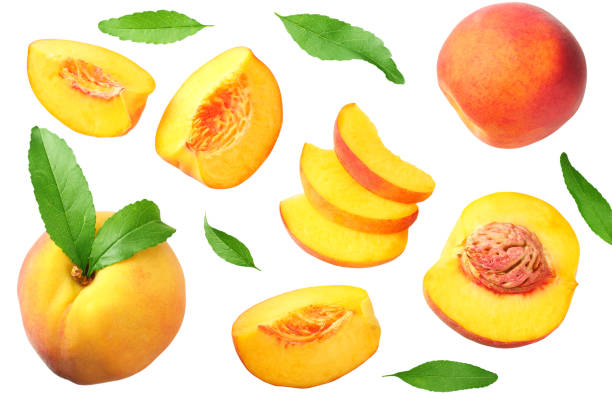 istock peach fruit with green leaf and slices isolated on white background. top view 1174433384