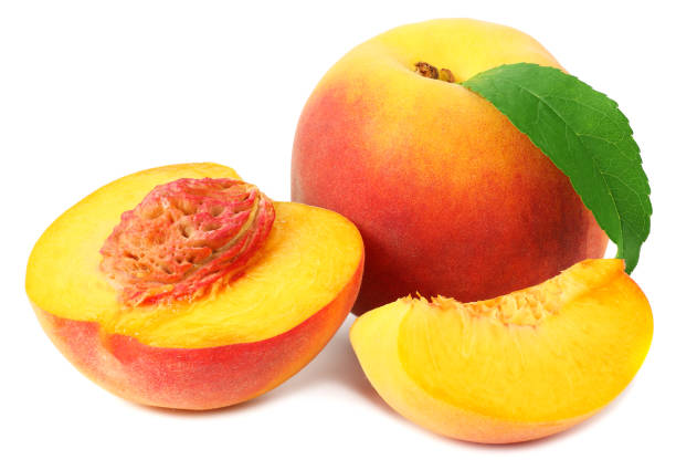 istock peach fruit with green leaves and slices isolated on white background 1174433388
