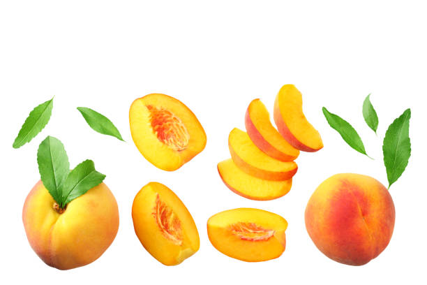 istock peach fruit with green leaf and slices isolated on white background. top view 1174433396