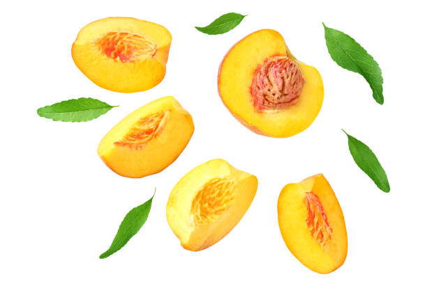 istock peach fruit slices with green leaves isolated on white background. top view 1174433422