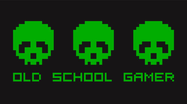 ilustrações de stock, clip art, desenhos animados e ícones de old retro video gamer t-shirt template for print - video game skull monster 1980s style