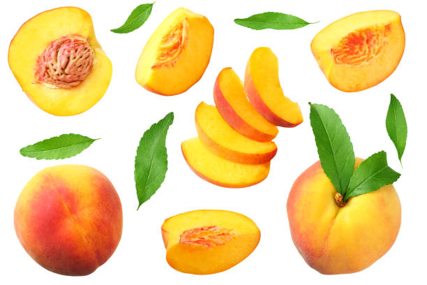 istock peach fruit with green leaf and slices isolated on white background. top view 1174433432