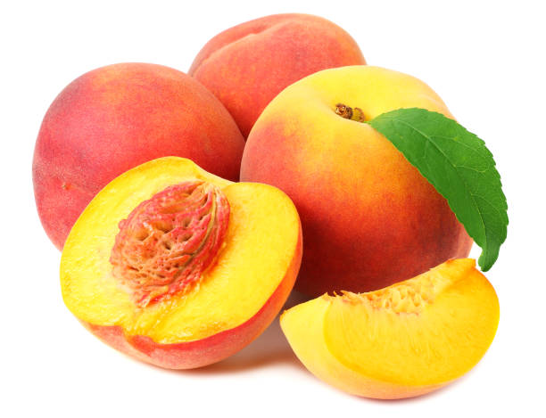 istock peach fruit with green leaves and slices isolated on white background 1174434959