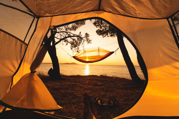 camping tent and hammock at sunset