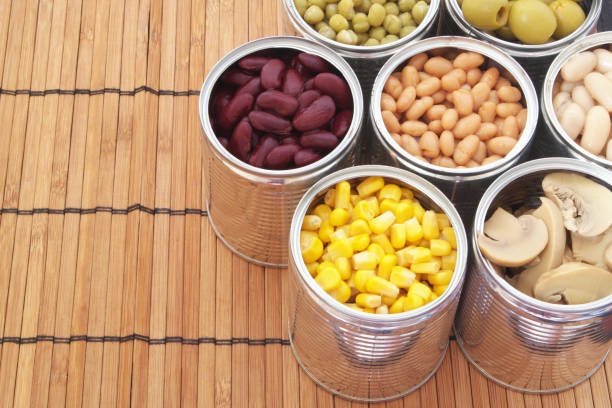 istock Canned food on bamboo mat background 1174438191