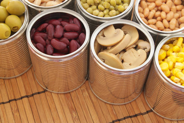 istock Canned food on bamboo mat background 1174438363