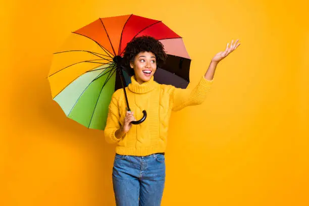Photo of It is not raining now. Photo of positive excited cheerful funky cute sweet pretty hipster checking holding catching small rain drops with palm covered with opened umbrella isolated yellow background