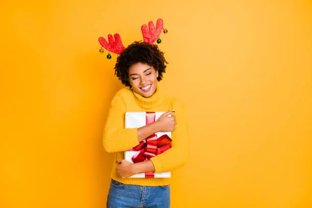 Photo of Desire wish want best giftbox concept. Photo of cute dreamy lovely positive cute girl with headband holding cuddling huge white box with ribbon isolated bright color background