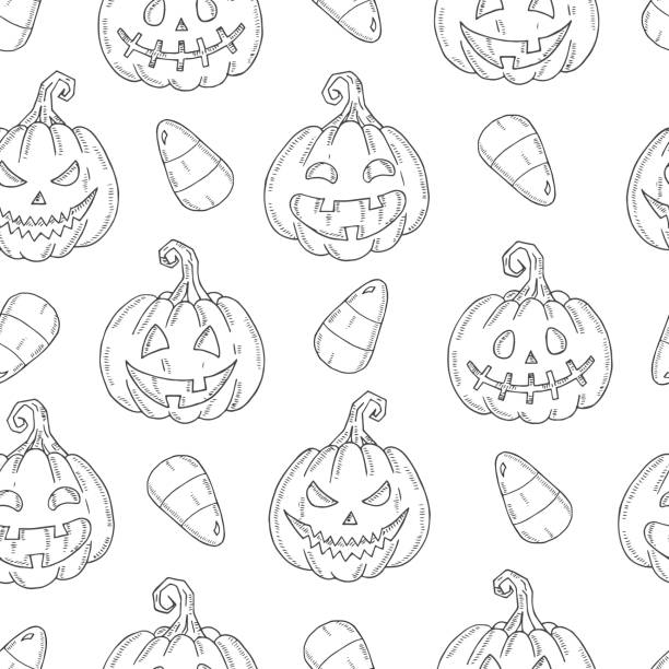 illustrations, cliparts, dessins animés et icônes de modèle sans couture avec le jack de citrouille d'halloween et le maïs de sucrerie dans le modèle d'esquisse d'isolement sur le blanc. texture festive pour paquets, arrière-plans, pages web - broom corn