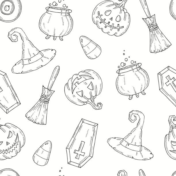 illustrations, cliparts, dessins animés et icônes de modèle sans couture avec des icônes d'halloween.  crique jack, chapeau de sorcière, balai, chapeau, bonbons, racines de bonbons, cercueil, pot avec la potion dans le modèle de croquis. - broom corn