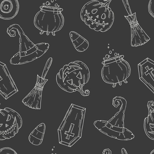 illustrations, cliparts, dessins animés et icônes de modèle sans couture avec des icônes d'halloween.  crique jack, chapeau de sorcière, balai, chapeau, bonbons, racines de bonbons, cercueil, pot avec la potion dans le modèle de croquis. - broom corn