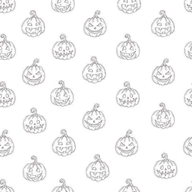 illustrations, cliparts, dessins animés et icônes de modèle sans couture avec le jack de citrouille d'halloween dans le modèle d'esquisse d'isolement sur le blanc. texture festive pour paquets, arrière-plans, pages web - broom corn