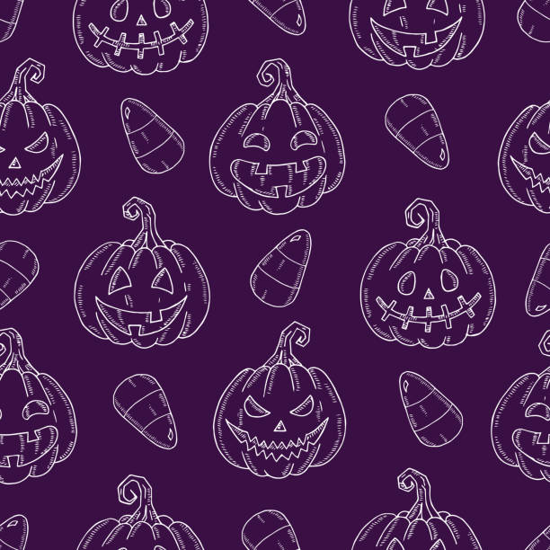 illustrations, cliparts, dessins animés et icônes de modèle sans couture avec le jack de citrouille d'halloween et le maïs de sucrerie dans le modèle d'esquisse d'isolement sur le blanc. texture festive pour paquets, arrière-plans, pages web - broom corn