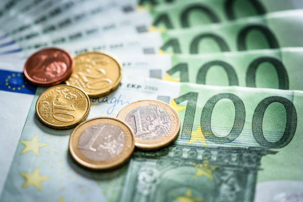Top view of one hundred European Union banknotes and coins. XXXL 42Mp studio photo taken with SONY A7rII and Sony FE 90mm f2.8 Macro G OSS lens