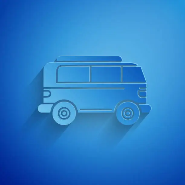 Vector illustration of Paper cut Retro minivan icon isolated on blue background. Old retro classic traveling van. Paper art style. Vector Illustration