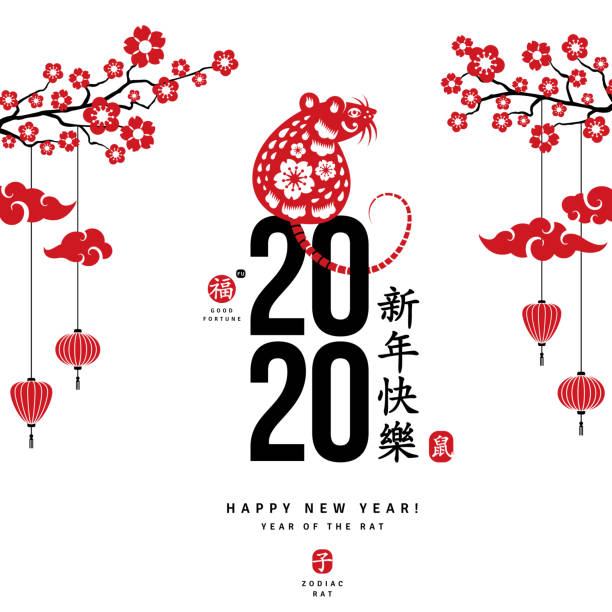 2020 red mouse in chinese style 2020 red mouse in chinese style with sakura and lanterns. Vector illustration. Title translation Happy New Year, symbol in red stamp means Zodiac sign Rat, hieroglyph Fu mean Good luck. blossom flower plum white stock illustrations