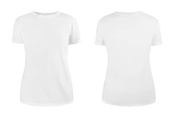 Women's white blank T-shirt template,from two sides, natural shape on invisible mannequin, for your design mockup for print, isolated on white background.