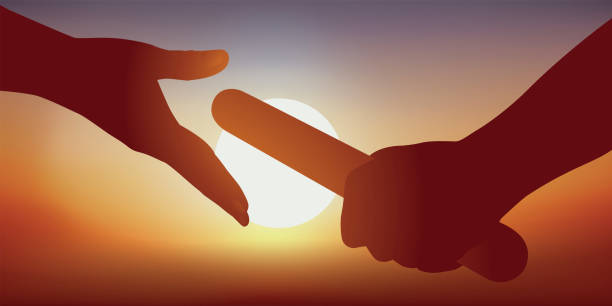 An athlete passes the witness to his partner during an athletics event. Concept of the transmission of knowledge and partnership with the image of the athlete who passes the baton to his teammate to win the race and win a victory. delegating stock illustrations