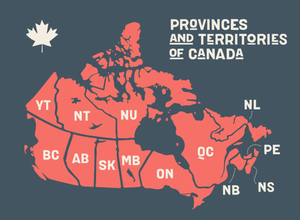 illustrazioni stock, clip art, cartoni animati e icone di tendenza di mappa canada. mappa poster di province e territori del canada - canada