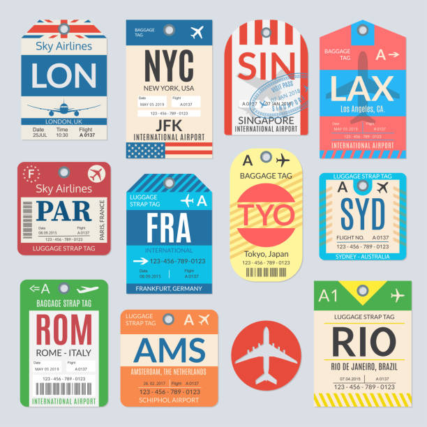 Luggage tag set. Airport baggage tickets. Travel labels. Vector illustration. Luggage tag set. Airport baggage tickets. Travel labels. Vector illustration. postage stamp illustrations stock illustrations