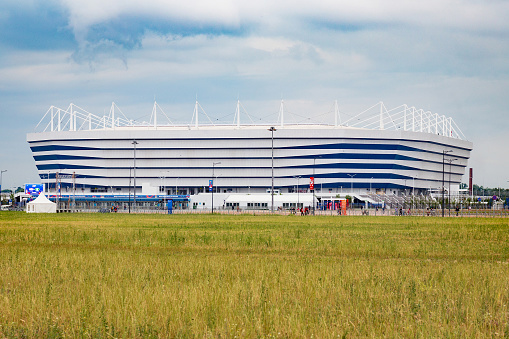 KALININGRAD, RUSSIA - JUNE 13, 2018: View of the modern Kaliningrad football stadium (also called Arena Baltika) for holding games of the FIFA World Cup of 2018 in Russia.