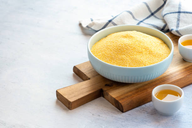 Dry uncooked polenta in a bowl
