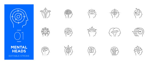 illustrations, cliparts, dessins animés et icônes de ensemble d'icônes de ligne de têtes mentales - icônes modernes - mental illness brain human head gear
