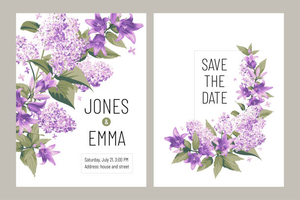 bildbanksillustrationer, clip art samt tecknat material och ikoner med bröllop inbjudningskort. ram med text och blommor-lila campanula och lila på vit bakgrund. - purpur