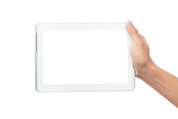 istock Male hand holding the white tablet pc computer with blank screen isolated on white background with clipping path 1174457512