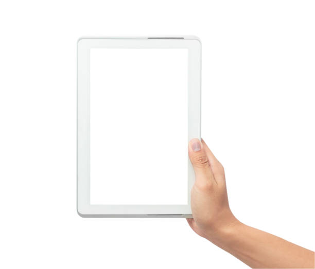 istock Male hand holding the white tablet pc computer with blank screen isolated on white background with clipping path 1174457523
