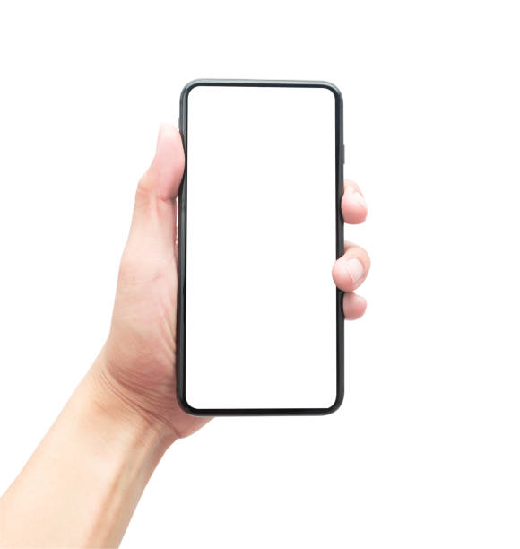 istock Male hand holding the black smartphone with blank screen isolated on white background with clipping path 1174457533