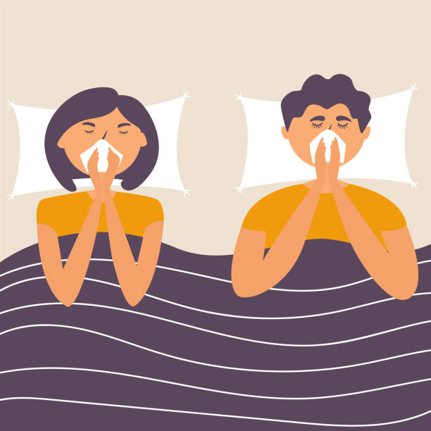 illustrazioni stock, clip art, cartoni animati e icone di tendenza di marito e moglie hanno preso l'influenza. malati a casa giacciono a letto. infezione da virus. allergia - cold and flu flu virus bed couple