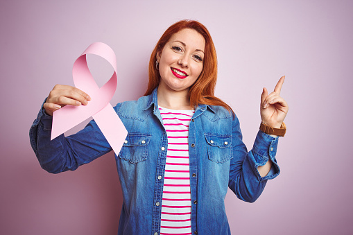 Young beautiful redhead woman holding cancer ribbon over pink isolated background very happy pointing with hand and finger to the side