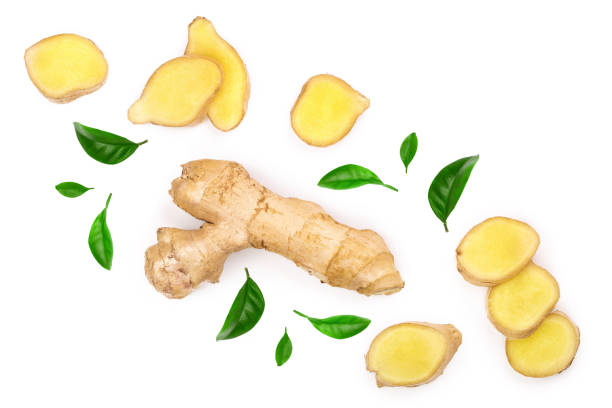 fresh Ginger root and slice isolated on white background with copy space for your text. Top view. Flat lay
