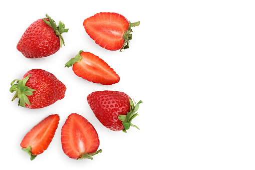 Strawberries isolated on white background with copy space for your text. Top view. Flat lay pattern.