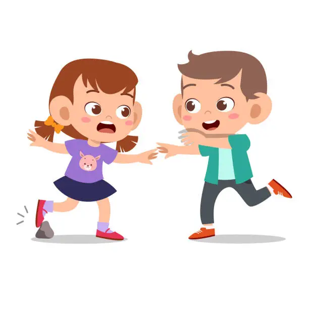 Vector illustration of happy cute kid play with friend together