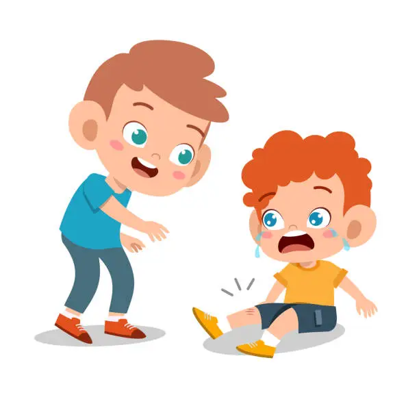 Vector illustration of happy cute kid play with friend together