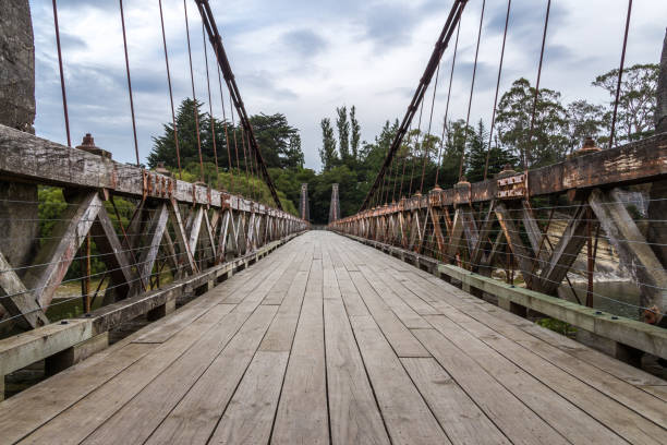 suspension bridge in new zealand made of wood - konstruktion imagens e fotografias de stock