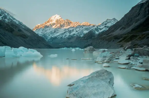 glacier lake hooker with mount cook in the background in new zealand