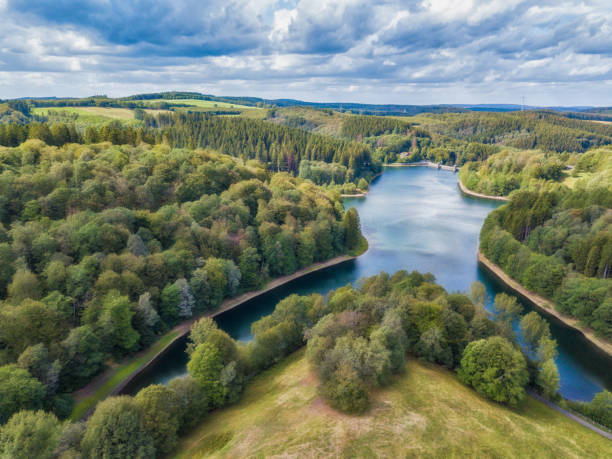 aerial view of the fuerwigge dam near meinerzhagen in the sauerland in germany. - germany reservoir water tree imagens e fotografias de stock