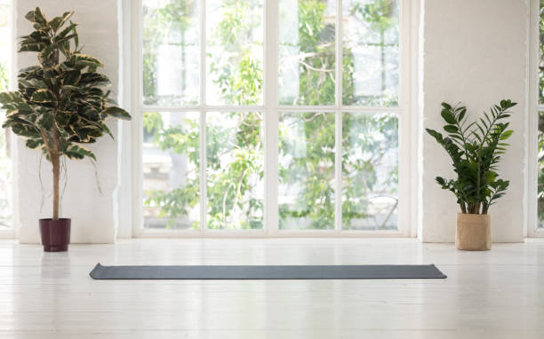 Contemporary room with yoga mat potted plants sunlight through window No people inside, two natural potted plants empty yoga black mat light cozy room idyllic place for work out with beautiful nature landscape outside green trees summer sunny day, concept of yoga class yoga studio photos stock pictures, royalty-free photos & images