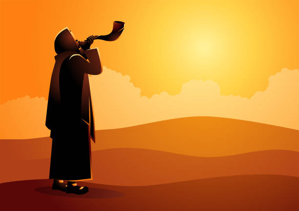 jüdischer mann bläst das shofar-widderhorn - schofar stock-grafiken, -clipart, -cartoons und -symbole