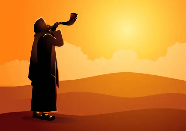 Vector illustration of Jewish man blowing the Shofar ram’s horn