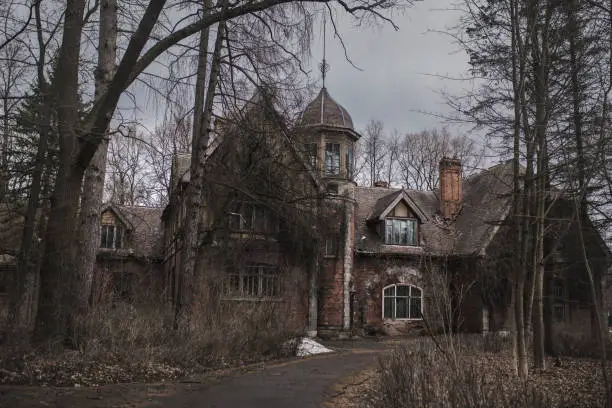 Old abandoned gothic house. The ruined mansion stands in the park. Gothic background. Halloween party place