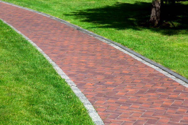 istock empty red tile footpath in a park with a green lawn and a drainage system with a grill along the path on a sunny summer day. 1174487031