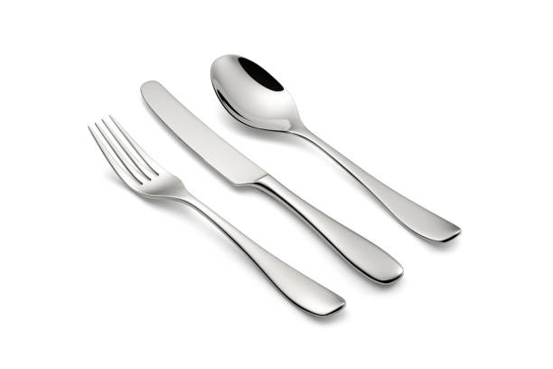 silverware ajustado com uma faca, uma forquilha e uma colher - silverware spoon isolated fork - fotografias e filmes do acervo