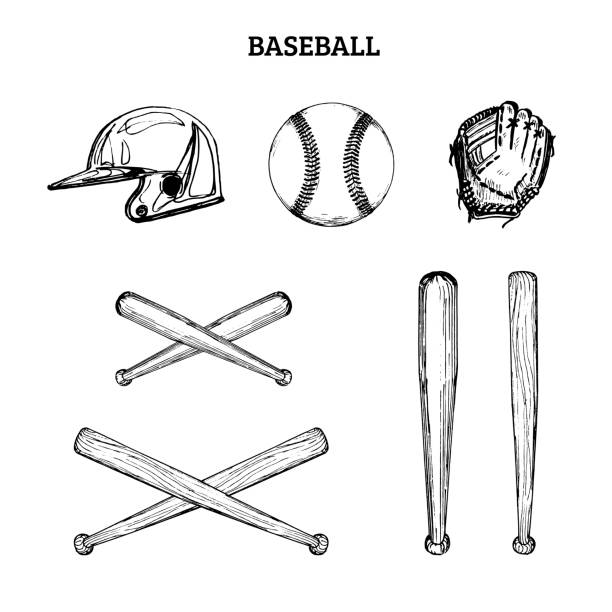 야구 장비의 벡터 그림입니다. 흰색 배경에 그려진 스포츠 용품 세트입니다. - baseball bat baseball helmet baseballs bat stock illustrations