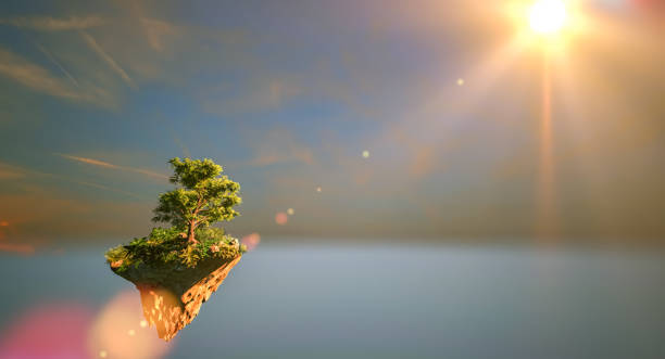 istock Fantasy floating island with natural tree on the rock, surreal float landscape with paradise concept 1174490589